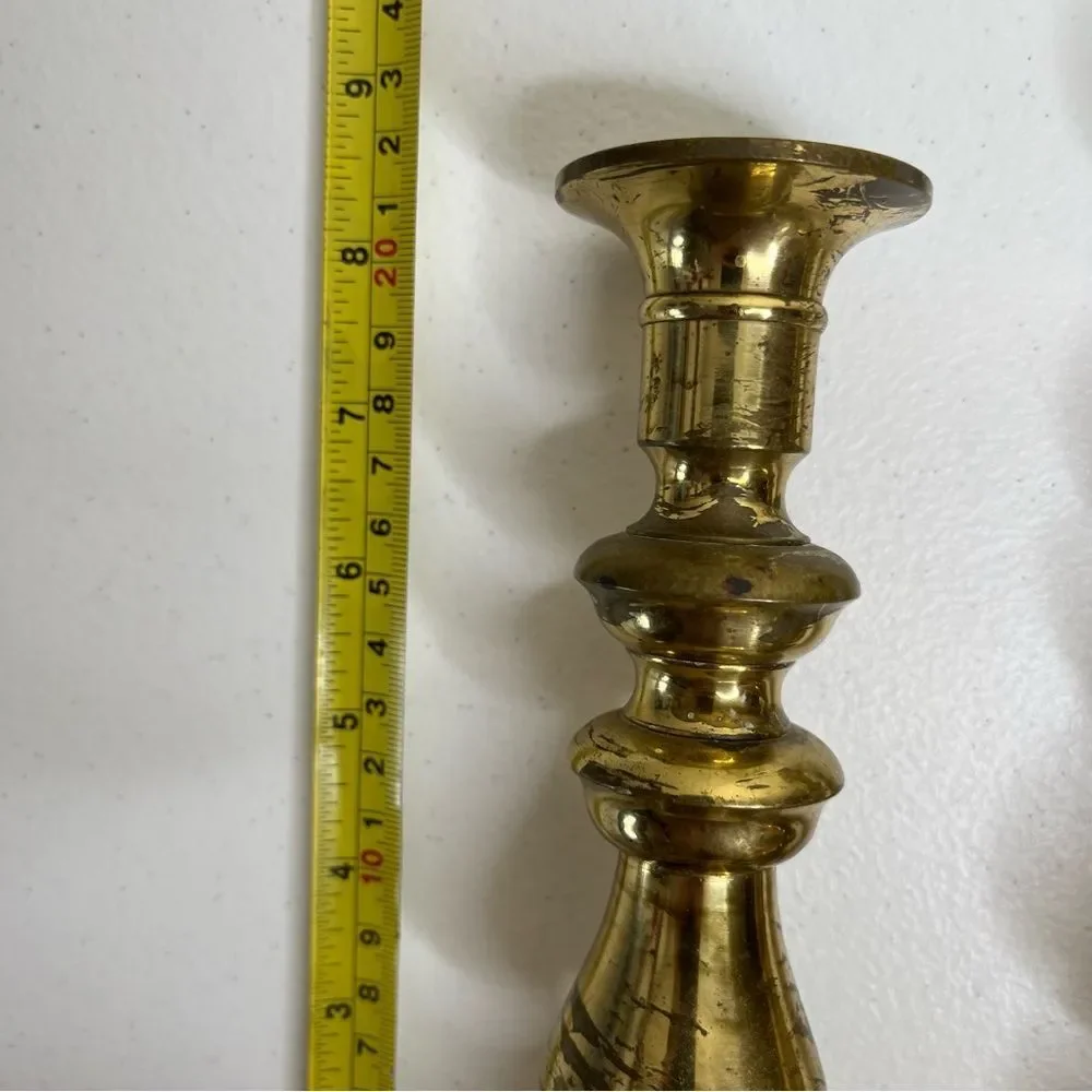Vintage Pair Brass Candlestick Holders Heavy Patina Set 2 Approx 8.5 Inch Tall